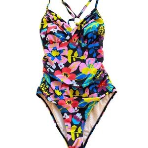 Bold Multi-Color Floral One-Piece Swimsuit – Criss-Cross Detail by CUPSHE